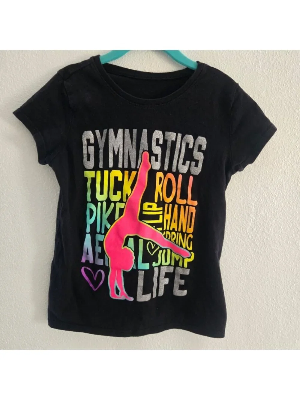 The Childrens Place Girls Black Gymnastics Rainbow Glitter Graphic‎ Tee Medium 7